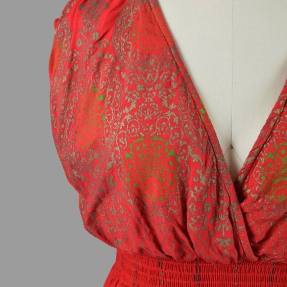 LAPOGEE TRIBAL PRINT RED GOLD BOHEMIAN V-NECK MAXI DRESS - Picture 3 of 8